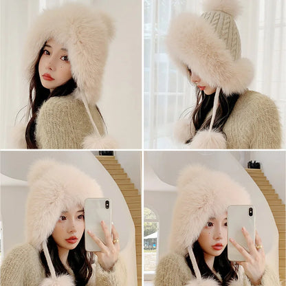 maoxiangshop  -  Winter Rabbit Fur Bomber Hat Knitted Warm Fleece Beanie Hat Outdoor Coldproof Pom Pom Bonnet Thicken Windproof Caps With Earmuff