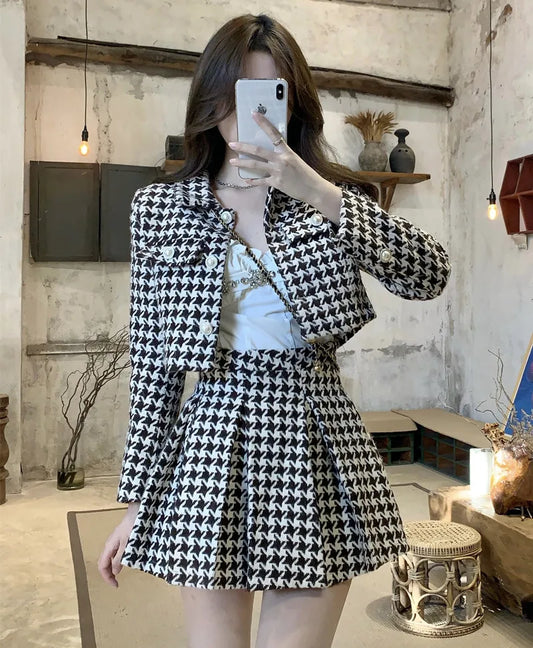 maoxiangshopTemperament Matching Sets Retro O Tweed Plaid Jacket Short Long Sleeve Cardigan Slim Top Mini Houndstooth Pleated Skirt Chic