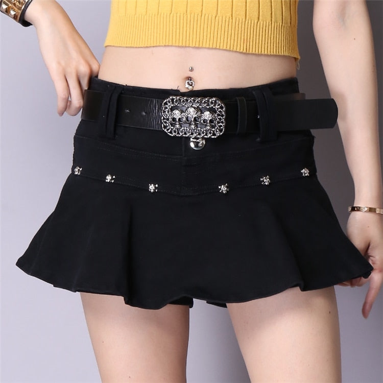 Women Harajuku Low Waist Mini Skirt Punk Gothic Skull Waistband Hot Girl Black White Denim Skirt Kawaii Culotte Skirts Plus size