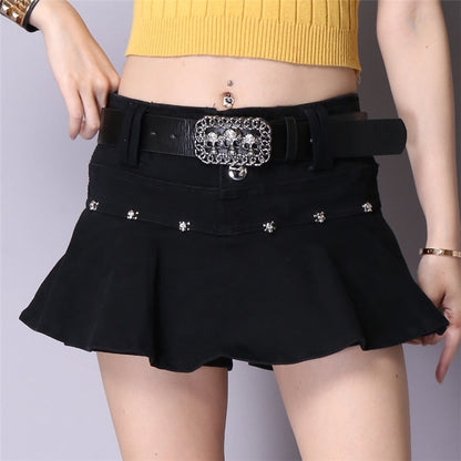 Women Harajuku Low Waist Mini Skirt Punk Gothic Skull Waistband Hot Girl Black White Denim Skirt Kawaii Culotte Skirts Plus size