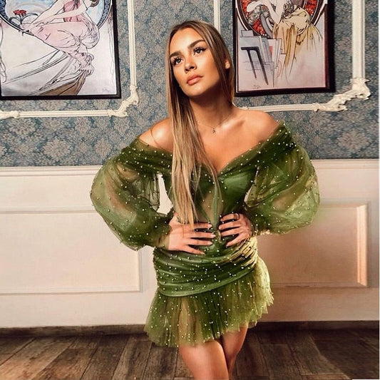 Summer Dress Women Long Sleeve Bodycon Dress Sexy Causal Dress Green Off The Shoulder Dress Evening Party Dress Night Club