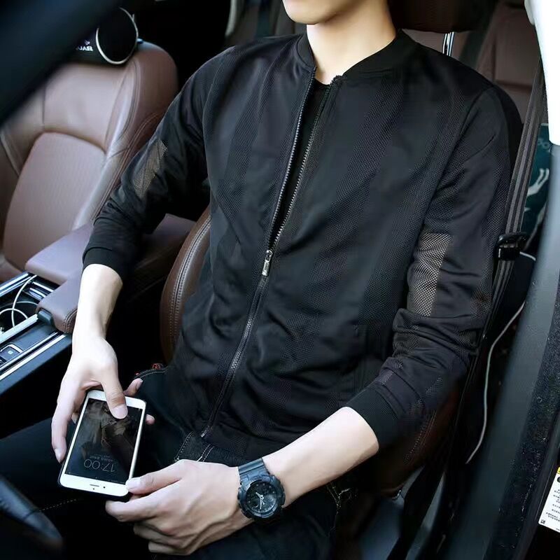 maoxiangshop Pierced Transparent Bomber Jacket Men Sun Protection Clothing Windbreaker Summer Thin Men Plaid Jackets Slim Fit Mens Coats