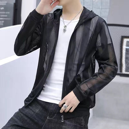 maoxiangshop Pierced Transparent Bomber Jacket Men Sun Protection Clothing Windbreaker Summer Thin Men Plaid Jackets Slim Fit Mens Coats