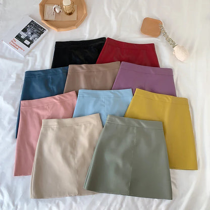 maoxiangshop 10 Colors PU Leather Mini Skirt Women New Mini Sexy High Waist Bodycon Above Knee Skirt Pencil Skirt for Slim Girls