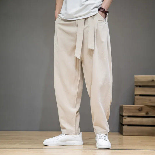 maoxiangshop Spring Cotton Linen Pants Men Elastic Waist Casual Harem Pant Loose Sweatpants Traditional Chinese Trousers pantalons homme