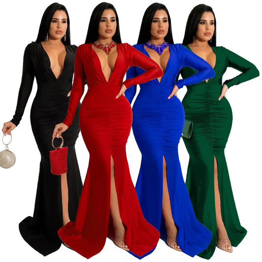 maoxiangshop Dresses for Women Evening Party Dress Long Bodycon Dress Sexy Party Dresses Winter Clothes for Women Long Sleeve V-neck