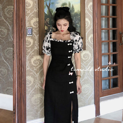 maoxiangshop Summer Patchwork Vintage Dress Women Button Designer Floral Print Korean Spilt Dress Ruffles Chiffon Casual Midi Dresses