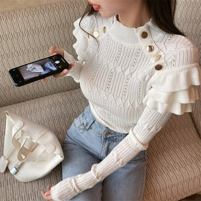 maoxiangshop Full Sleeve Turtleneck Buttons Sweater Jumpers Girls Stretchy Chic Ruffles Autumn Spring Sweaters Pullovers Tops Women