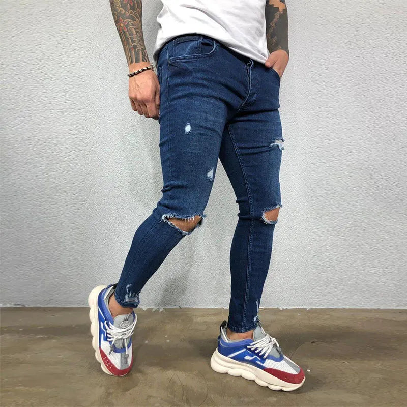 maoxiangshop Men Jeans Knee Hole Ripped Stretch Skinny Denim Pants Solid Color Black Blue Autumn Summer Hip-Hop Style Slim Fit Trousers S-4XL