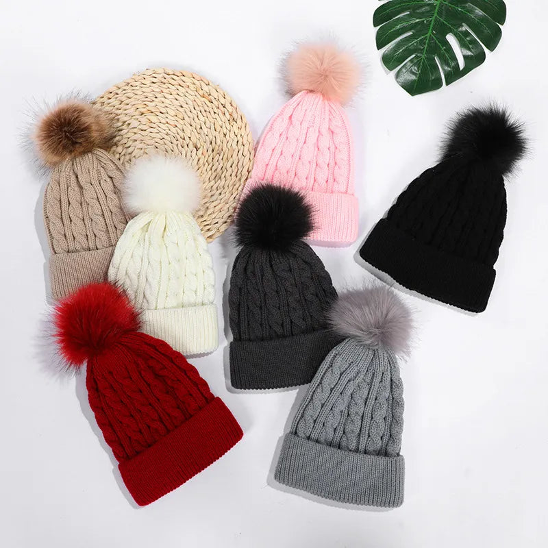 maoxiangshop New Women Personality Wild Female Fur Pom Poms Hats Beanie High Quality Winter Warm Bonnet Outdoor Riding Windproof Knit Cap