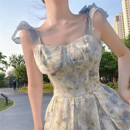 maoxiangshop Elegant Long Flower Strap Dress Women Vintage Sweet Print Korean Slip Fairy Dress Casual Calssy Party Princess Dress Summer