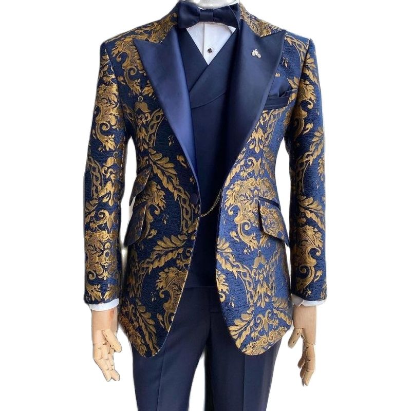 maoxiangshop Floral Jacquard Tuxedo Suits for Men Wedding Slim Fit Navy Blue and Gold Gentleman Jacket with Vest Pant 3 Piece Male Costume