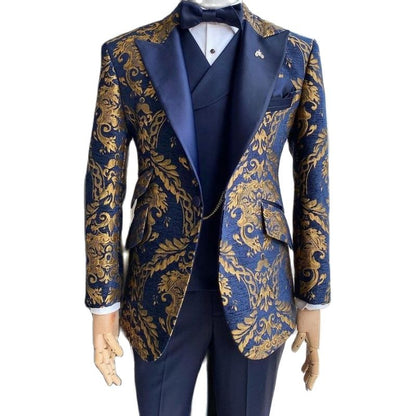 maoxiangshop Floral Jacquard Tuxedo Suits for Men Wedding Slim Fit Navy Blue and Gold Gentleman Jacket with Vest Pant 3 Piece Male Costume