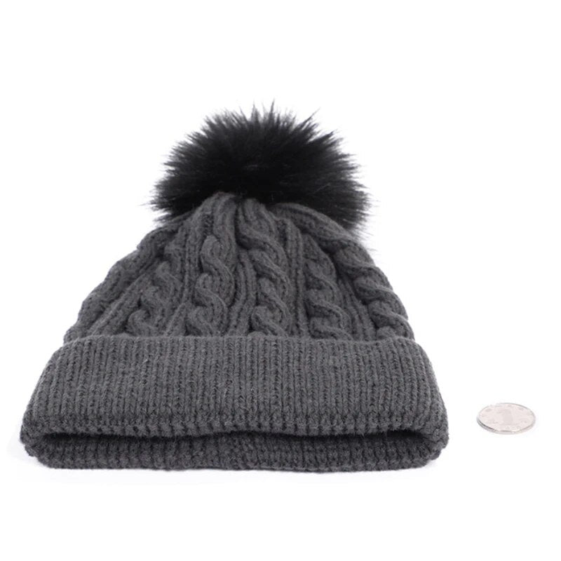 maoxiangshop New Women Personality Wild Female Fur Pom Poms Hats Beanie High Quality Winter Warm Bonnet Outdoor Riding Windproof Knit Cap