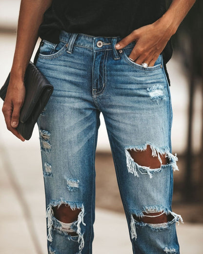 maoxiangshop New Women Fashion Mid Waist Boyfriend Big Ripped Hole Jeans Casual High Street Denim Pants Sexy Vintage Pencil Calca Jeans