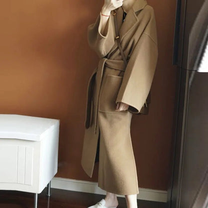 maoxiangshop Wool Coat Female Office Lady Side Cut Turn-down Collar Outwear Long Black Camel Women's Jacket Overcoat with Belt