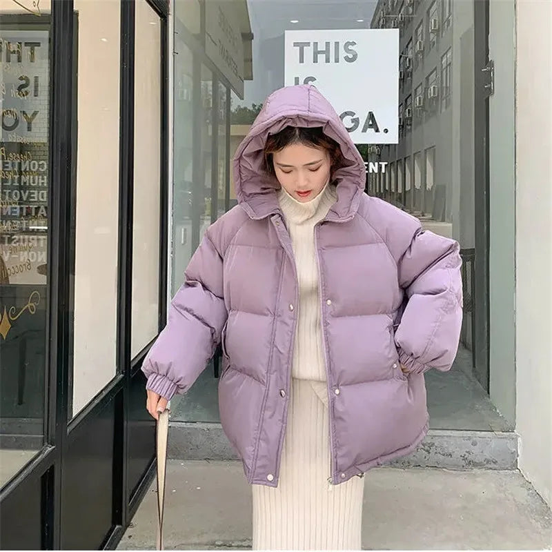 maoxiangshop New Women Short Jacket Winter Parkas Thick Hooded Cotton Padded Jackets Coats Female Loose Puffer Parkas Oversize Outwear