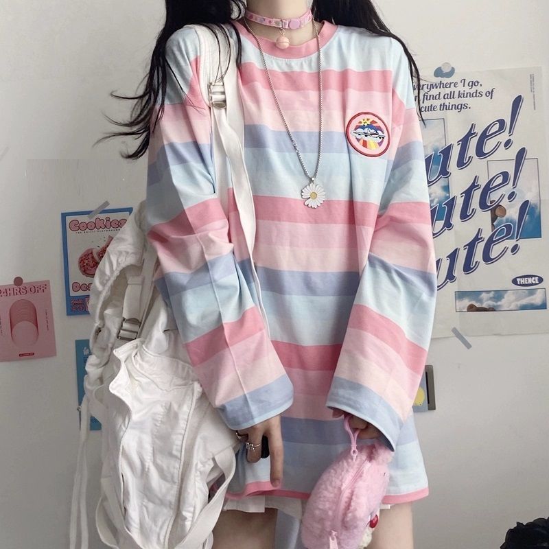 maoxiangshop Striped T-shirts Women Rainbow Japanese Style Kawaii Pink Loose Leisure BF Harajuku College Students Female Top Lady Comfortable