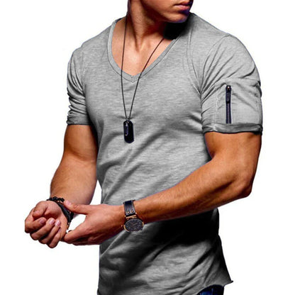 maoxiangshop New Summer Men's V Neck T Shirt Fitness Bodybuilding Tshirt High Street Short Sleeved Zipper Casual Cotton Top Plus Size S-5XL