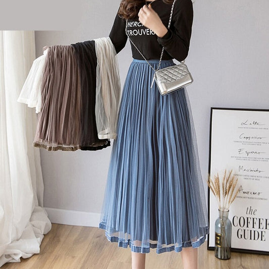 maoxiangshop Mesh Skirt Autumn Winter Velvet Solid Color Elastic Waist Slim Pleated Skirts Womens Chic High Waist Women Skir