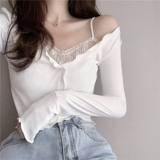 White Lace Fake Two Piece Suspender Long Sleeve T-shirt Women's Autumn Machine Sexy Off Shoulder Bottoming Shirt Short Top