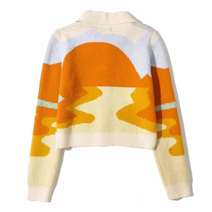 maoxiangshop  -  Letter Embroidery Harajuku Knitted Single Breasted Cropped Cardigan Women Autumn Long Sleeve Turn Down Collar Sweater Coat