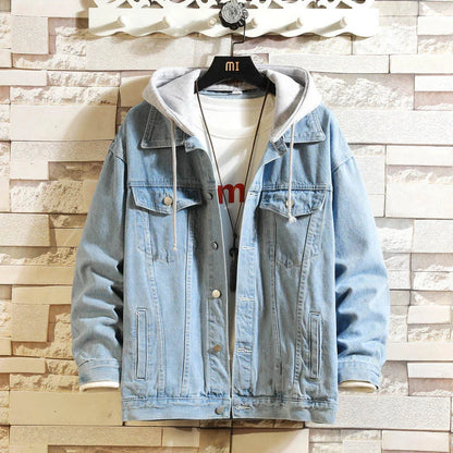 maoxiangshop Denim Jacket Men Hooded Casual Men Jean Jackets Streetwear Solid Color Turn Down Collar Denim Coats Men Jacktes Hat Detachable