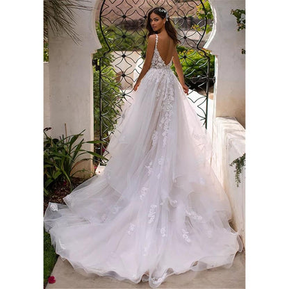 maoxiangshop Long Boho A-Line Backless Wedding Dress 3D Flowers Spaghetti Straps Bride Dresses Princess Floor Length Wedding Gowns