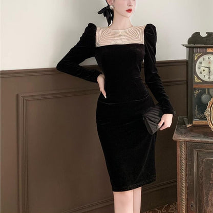 maoxiangshop Black Elegant Evening Midi Dress Women Bodycon France Vintage Velvet Party Dress Ladies Korean Fashion Chic Dresses Autumn