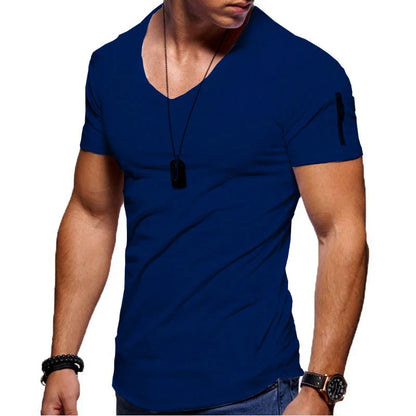 maoxiangshop New Summer Men's V Neck T Shirt Fitness Bodybuilding Tshirt High Street Short Sleeved Zipper Casual Cotton Top Plus Size S-5XL