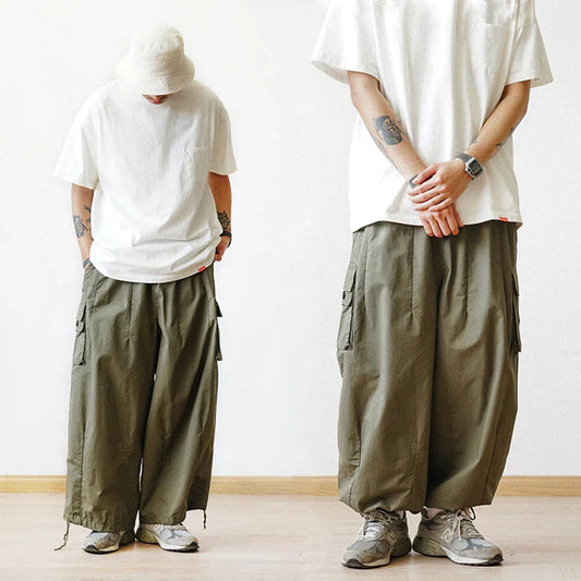 maoxiangshop Multi-Pocket Cargo Pants Men's Casual Solid Colour Straight Pants Baggy Wide-leg Cropped Pants Men Ankle-length Pants