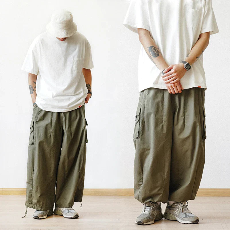 maoxiangshop Multi-Pocket Cargo Pants Men's Casual Solid Colour Straight Pants Baggy Wide-leg Cropped Pants Men Ankle-length Pants