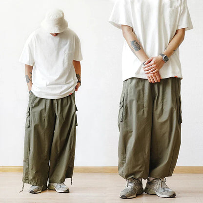 maoxiangshop Multi-Pocket Cargo Pants Men's Casual Solid Colour Straight Pants Baggy Wide-leg Cropped Pants Men Ankle-length Pants