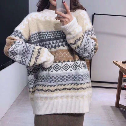 Winter Knitted Sweater Women Argyle Pullover Casual Loose Striped Sweater Vintage Chic Jumper Women Coat Long Sleeve Pull Femme