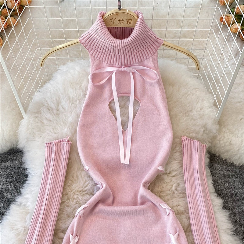 Women Sexy Sweater Dress Open Chest Backless Ribbon Strap Tops Turtleneck Long Sleeve Lacing Up Bodycon Knit Bandage Dress