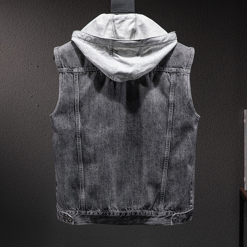 maoxiangshop Plus size Short Denim Vest men Detachable Hooded Coat Spring summer Side pockets Sleeveless Jeans Jacket Men's Tops-4XL