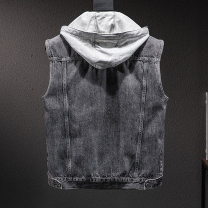 maoxiangshop Plus size Short Denim Vest men Detachable Hooded Coat Spring summer Side pockets Sleeveless Jeans Jacket Men's Tops-4XL