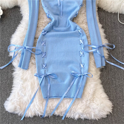 Women Sexy Sweater Dress Open Chest Backless Ribbon Strap Tops Turtleneck Long Sleeve Lacing Up Bodycon Knit Bandage Dress