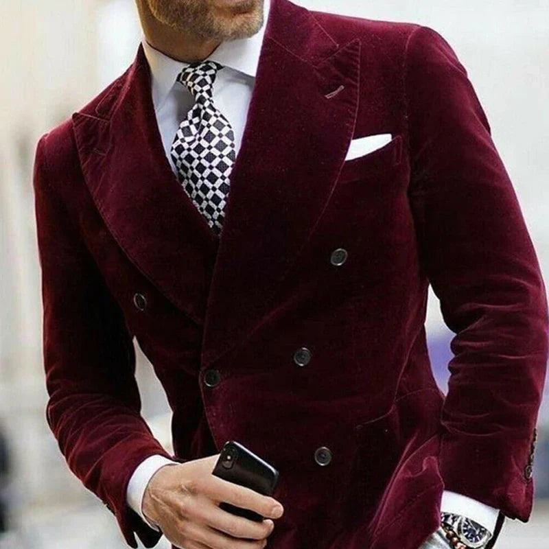 maoxiangshop WELL DRESSED MEN Burgundy Velvet Blazer for Men with Double Breasted Dinner Jacket Elegant Smoking Suit Coat