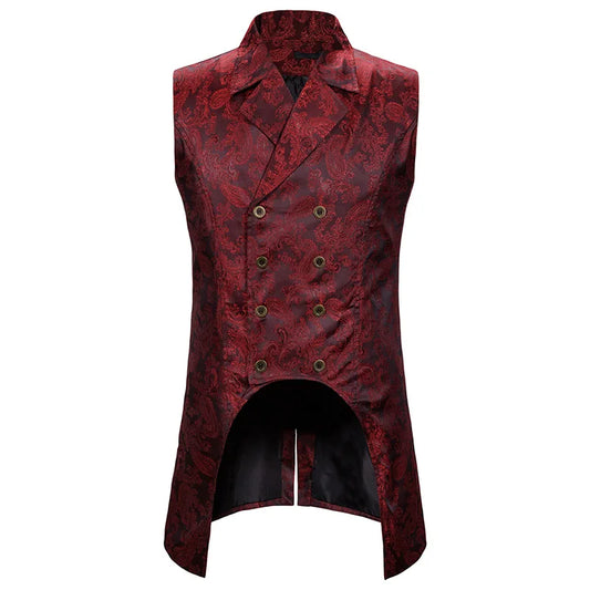 maoxiangshop Wine Red Paisley Jacquard Long Vest Men Double Breasted Lapel Brocade Vest Waistcoat Mens Gothic Steampunk Sleeveless Tailcoat
