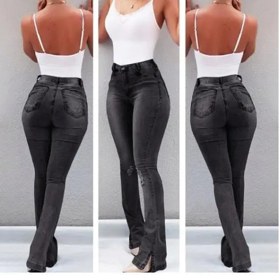 Spring Outfits High Waist Retro Flared Jeans For Women Slim Hip Lift Stretch Ripped Denim Wide Leg Pants Street Trendy Trousers S-2XL 2022 New