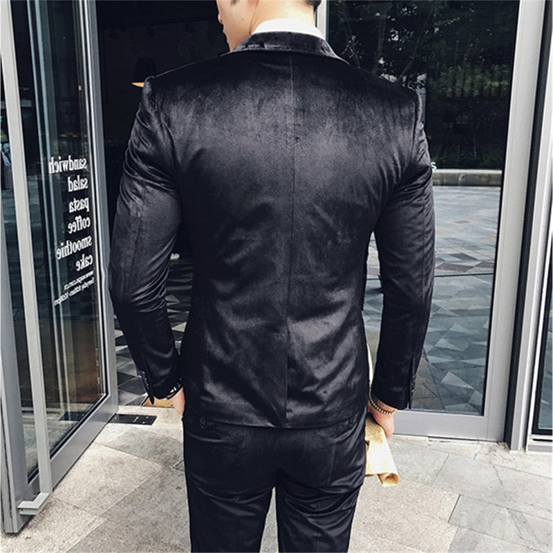 maoxiangshop New Trendy Silver Velvet Men Suits Nothched Lapel Three Pieces Formal Prom Blazers For Male Hot Sale Mens Sim Fit Suits Set