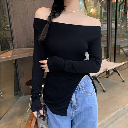 maoxiangshop New Women's Slim Off-shoulder Full Sleeve T-shirts Girls Solid Stretchy Irregular Split Tshirt Tops Slash Neck Tees