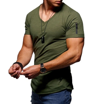 maoxiangshop New Summer Men's V Neck T Shirt Fitness Bodybuilding Tshirt High Street Short Sleeved Zipper Casual Cotton Top Plus Size S-5XL