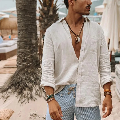 maoxiangshop Men Casual Cotton Linen ShirtsStanding Collar Male Solid Color Long Sleeves Loose Tops Spring Autumn Handsome Men's Shirts