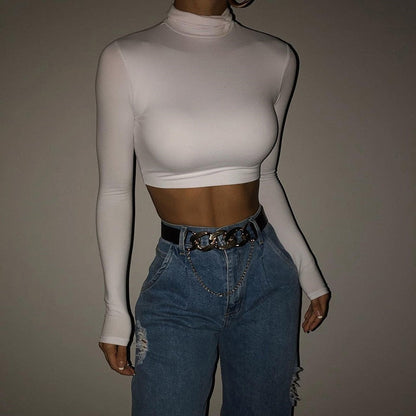 maoxiangshop Basic Sheath Women Solid Turtleneck Tshirt Autumn Stretch Casual Undershirt Female All-match Street Activity Crop Tops