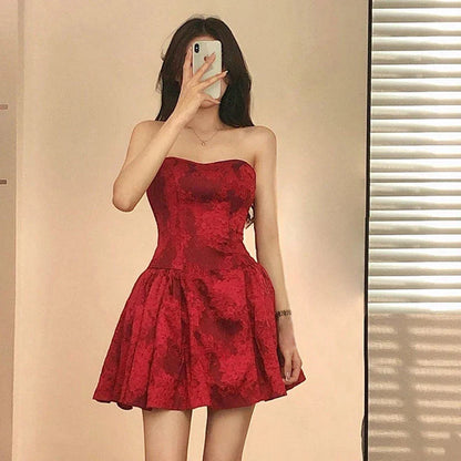 maoxiangshop Lady Elegant Slim Off Shoulder Backless Dresses Sexy Party Sleeveless Streetwear Red Women Strapless Mini Dress 2023 Summer