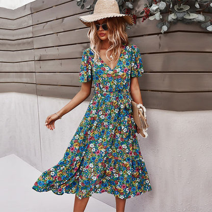 Spring New Short Sleeve Floral Dress Women Casual High Waist Sexy V Neck Print Summer Long Dress