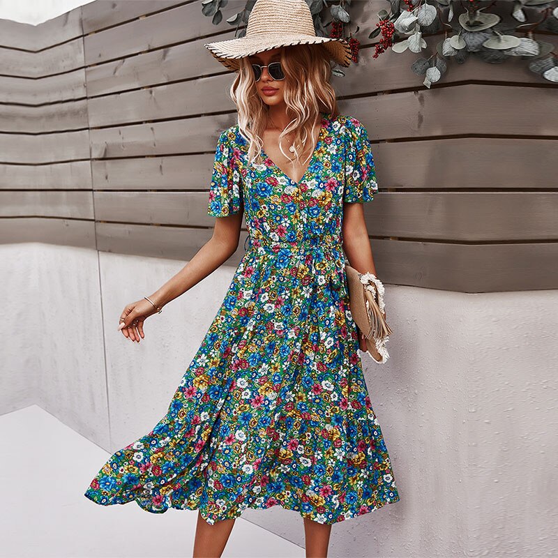 Spring New Short Sleeve Floral Dress Women Casual High Waist Sexy V Neck Print Summer Long Dress