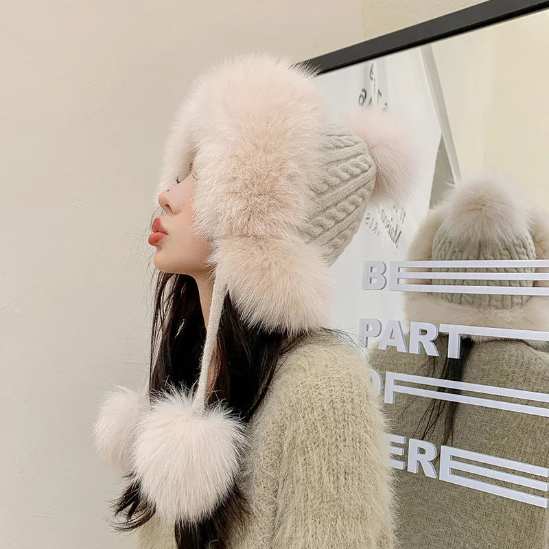 maoxiangshop  -  Winter Rabbit Fur Bomber Hat Knitted Warm Fleece Beanie Hat Outdoor Coldproof Pom Pom Bonnet Thicken Windproof Caps With Earmuff